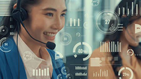 Customer support call center provide data with envisional graphic . Business and communication...