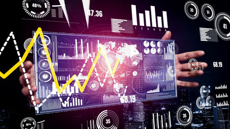 Data Analysis for Business and Finance conceptual. Graphic interface showing future computer...