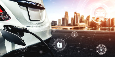 EV charging station for electric car in concept of alternative green energy produced from...