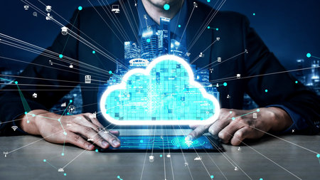 Conceptual cloud computing and data storage technology for future innovation . 3D render computer...