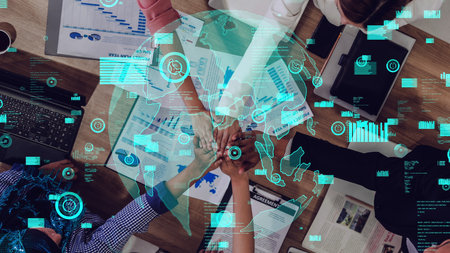Conceptual vision of business people in the corporate staff meeting . Concept of digital technology...