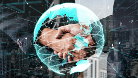 Conceptual business handshake with dashboard for financial data analysis . 3D render computer...