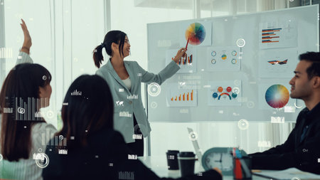 Business people in corporate staff meeting with envisional graphic . Concept of digital technology...
