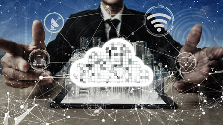 Conceptual cloud computing and data storage technology for future innovation . 3D render computer...
