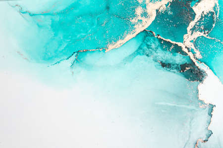 Ocean blue abstract background of marble liquid ink art painting on paper . Image of original artwork watercolor alcohol ink paint on high quality paper texture .の写真素材