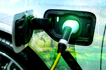EV charging station for electric car in concept of green energy and eco power produced from...