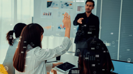 Business people in corporate staff meeting with envisional graphic . Concept of digital technology...
