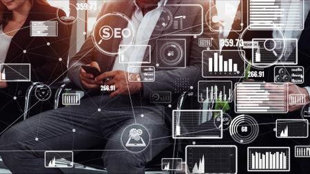 SEO - Search Engine Optimization for Online Marketing conceptual . Modern graphic interface showing symbol of keyword research web promotion by optimize customer search and analyze market strategy.の写真素材