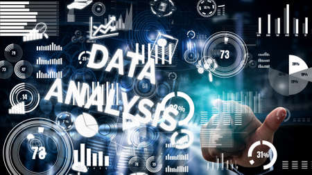 Data Analysis for Business and Finance conceptual . Graphic interface showing future computer technology of profit analytic, online marketing research and information report for business strategy.の写真素材