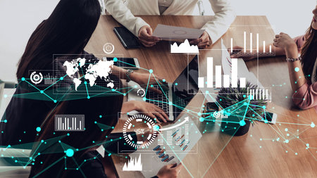 Conceptual vision of business people in the corporate staff meeting . Concept of digital technology...