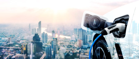 EV charging station for electric car in concept of green energy and eco power produced from...