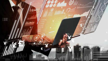 Data Analysis for Business and Finance conceptual. Graphic interface showing future computer technology of profit analytic, online marketing research and information report for business strategy.の写真素材