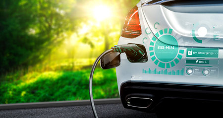 EV charging station for electric car in concept of alternative green energy produced from sustainable resources to supply to charger station in order to reduce CO2 emission .の写真素材