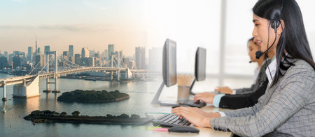 Business people wearing headset working in office to support remote customer or colleague. Call...