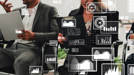 Conceptual vision of business people in corporate staff meeting . Concept of digital technology for marketing data analysis and investment decision making .の写真素材