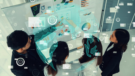 Business people in corporate staff meeting with envisional graphic . Concept of digital technology...