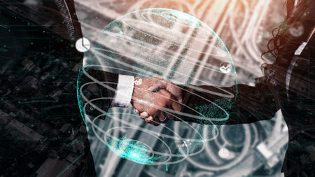 Conceptual business handshake with dashboard for financial data analysis . 3D render computer graphic .の写真素材