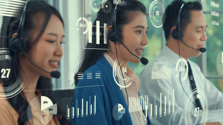 Customer support call center provide data with envisional graphic . Business and communication technology concept .の写真素材
