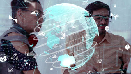 Conceptual vision of business people in corporate staff meeting . Concept of digital technology for marketing data analysis and investment decision making .の写真素材
