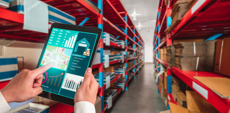 Warehouse management innovative software in computer for real time monitoring of goods package...