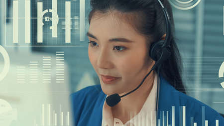 Customer support call center provide data with envisional graphic . Business and communication technology concept .の写真素材