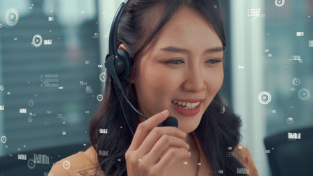 Customer support call center provide data with envisional graphic . Business and communication...