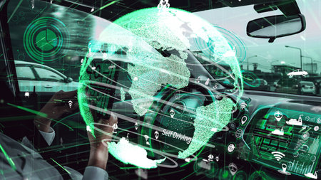 Self-driving autonomous car with relaxed young man sitting at driver seat is driving on busy highway road in the city. conceptual of machine learning, artificial intelligence and augmented reality.の写真素材