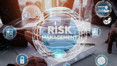 Risk Management and Assessment for Business Investment conceptual . Modern graphic interface showing symbols of strategy in risky plan analysis to control loss and build financial safety .の写真素材