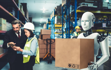 Innovative industry robot working in warehouse together with human worker . Concept of artificial...