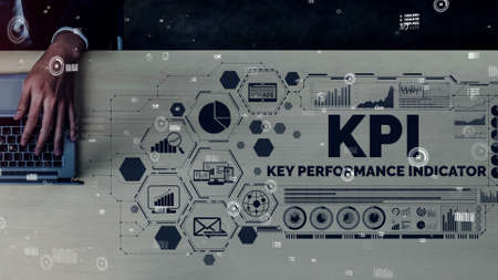 KPI Key Performance Indicator for Business conceptual - Modern graphic interface showing symbols of job target evaluation and analytical numbers for marketing KPI management.の写真素材