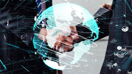 Conceptual business handshake with dashboard for financial data analysis . 3D render computer...