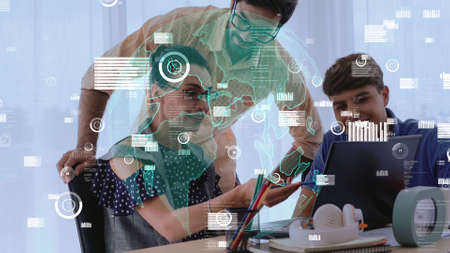 Conceptual vision of business people in corporate staff meeting . Concept of digital technology for marketing data analysis and investment decision making .の写真素材