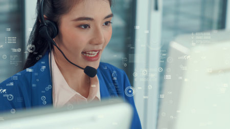 Customer support call center provide data with envisional graphic . Business and communication technology concept .の写真素材