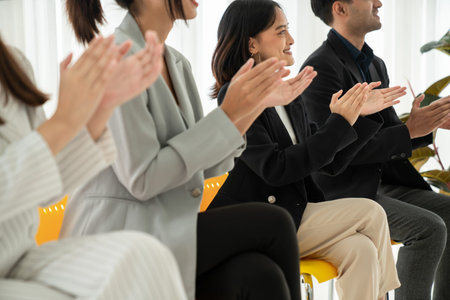 Businesswoman proficiently present work project receive celebrations from team . Corporate business...