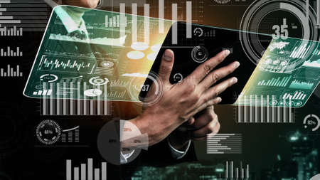 Data Analysis for Business and Finance conceptual. Graphic interface showing future computer technology of profit analytic, online marketing research and information report for business strategy.の写真素材
