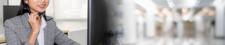 Call center or customer support agent in broaden view panoramic banner wearing headset while working...