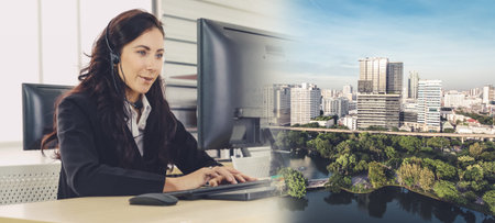 Business people wearing headset working in office to support remote customer or colleague. Call...