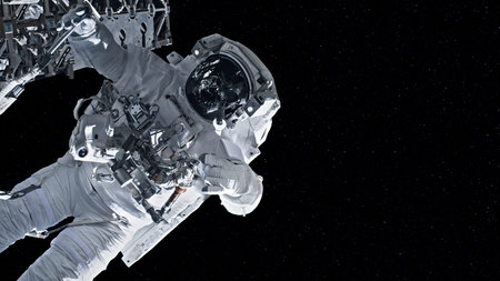 Astronaut spaceman do spacewalk while working for spaceflight mission at space station . Astronaut...