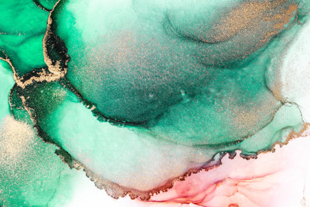 Green gold abstract background of marble liquid ink art painting on paper . Image of original...