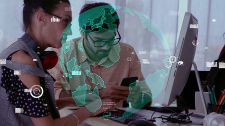 Conceptual vision of business people in corporate staff meeting . Concept of digital technology for...