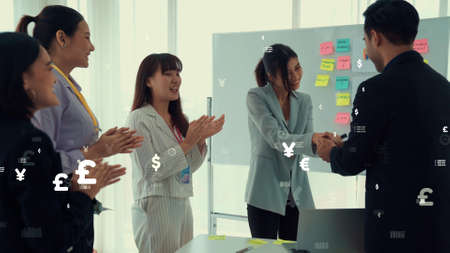 Business people in corporate staff meeting with envisional graphic . Concept of digital technology for marketing data analysis and investment decision making .の写真素材
