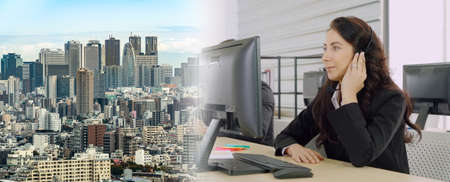 Business people wearing headset working in office to support remote customer or colleague. Call center, telemarketing, customer support agent provide service in broaden view .の写真素材