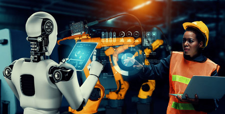 Mechanized industry robot and human worker working together in future factory . Concept of...