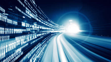 Digital data flow on road in concept of cyber global communication and coding with graphic creating vision of fast speed transfer to show agile digital transformation , disruptive innovation .の写真素材