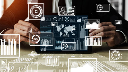 Big Data Technology for Business Finance Analytic conceptual. Modern graphic interface shows massive...