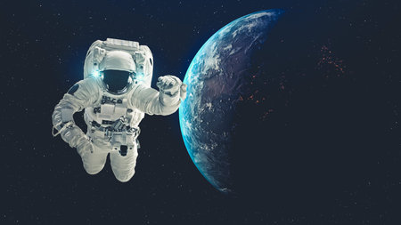 Astronaut spaceman do spacewalk while working for spaceflight mission at space station . Astronaut...