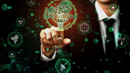 Innovation Technology for Business Finance conceptual. Modern graphic interface showing symbol of innovative ideas thinking, research and development study.の写真素材