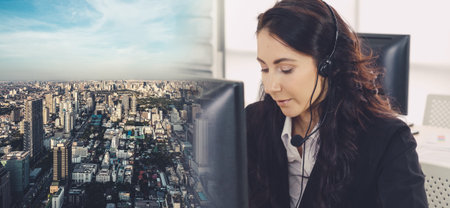 Business people wearing headset working in office to support remote customer or colleague. Call...