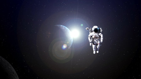 Astronaut spaceman do spacewalk while working for spaceflight mission at space station . Astronaut wear full spacesuit for operation .の写真素材