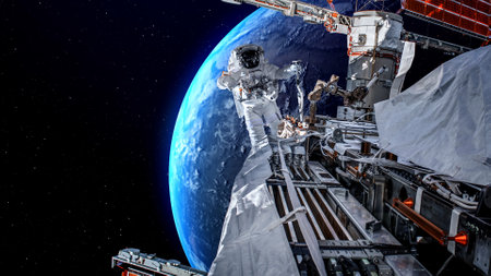 Astronaut spaceman do spacewalk while working for spaceflight mission at space station . Astronaut wear full spacesuit for operation .の写真素材